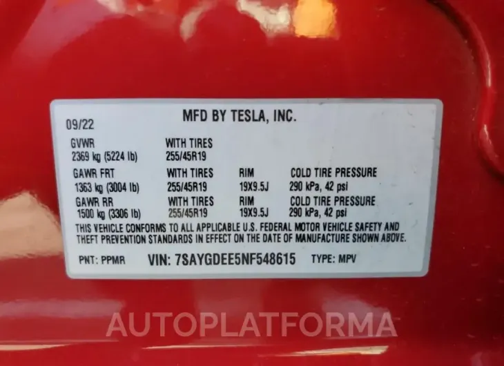 TESLA MODEL Y 2022 vin 7SAYGDEE5NF548615 from auto auction Copart