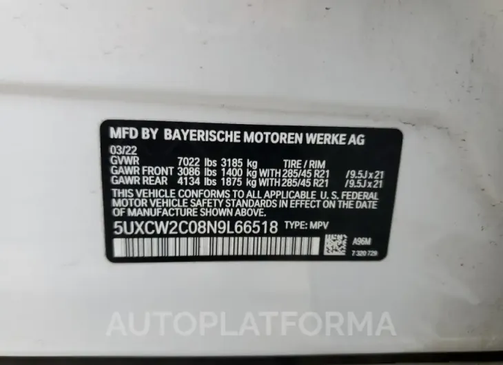 BMW X7 XDRIVE4 2022 vin 5UXCW2C08N9L66518 from auto auction Copart