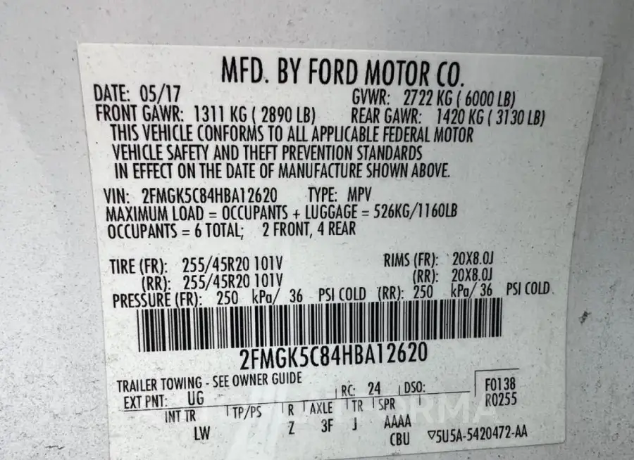 FORD FLEX SEL 2017 vin 2FMGK5C84HBA12620 from auto auction Copart