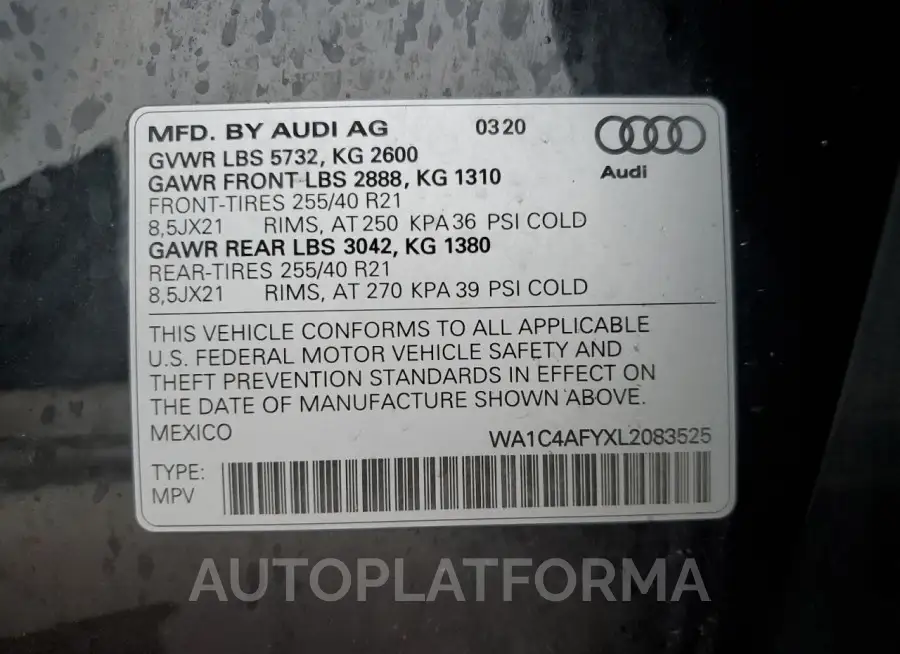 AUDI SQ5 PRESTI 2020 vin WA1C4AFYXL2083525 from auto auction Copart