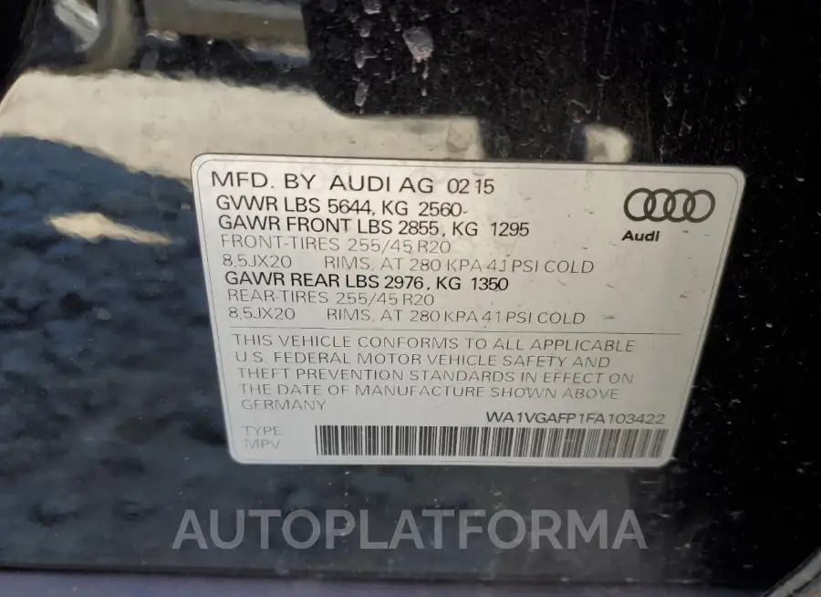 AUDI SQ5 PRESTI 2015 vin WA1VGAFP1FA103422 from auto auction Copart