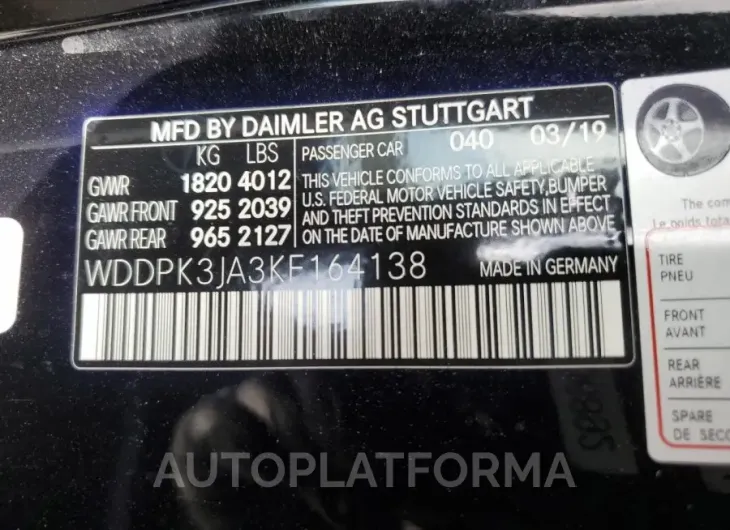 MERCEDES-BENZ SLC 300 2019 vin WDDPK3JA3KF164138 from auto auction Copart