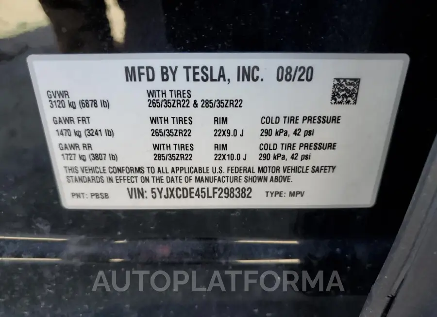 TESLA MODEL X 2020 vin 5YJXCDE45LF298382 from auto auction Copart