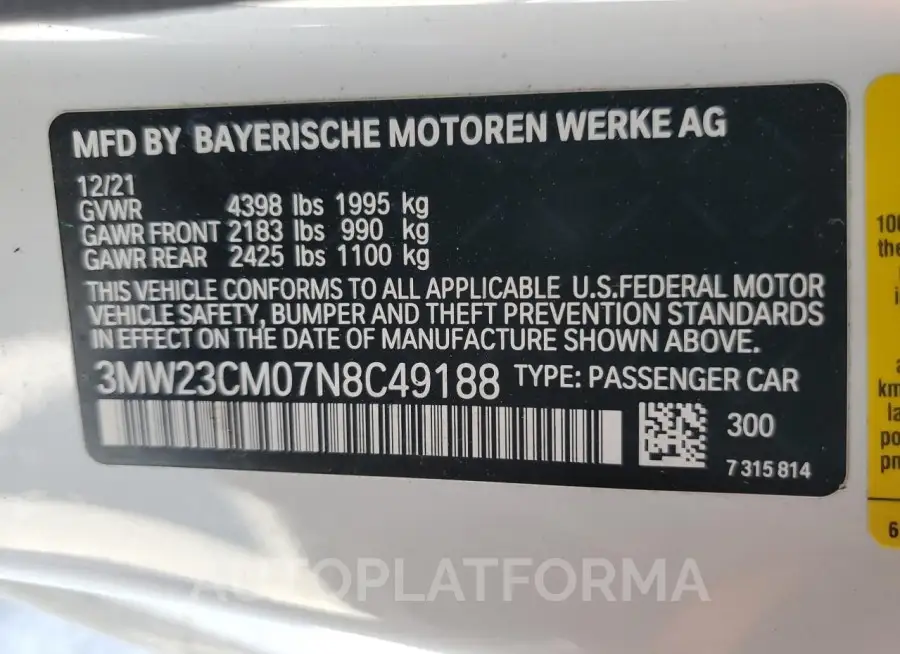 BMW 230I 2022 vin 3MW23CM07N8C49188 from auto auction Copart