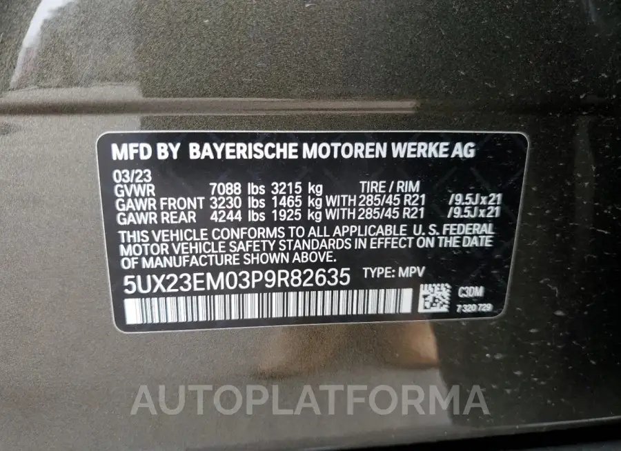 BMW X7 XDRIVE4 2023 vin 5UX23EM03P9R82635 from auto auction Copart