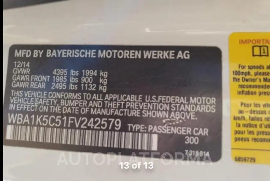 BMW 228 I 2015 vin WBA1K5C51FV242579 from auto auction Copart