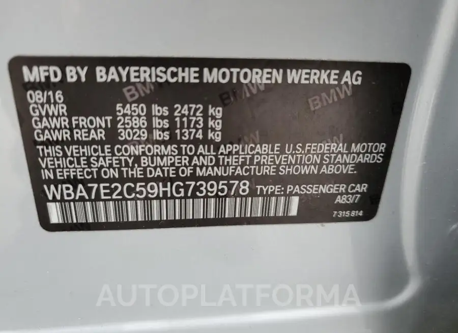 BMW 740 I 2017 vin WBA7E2C59HG739578 from auto auction Copart