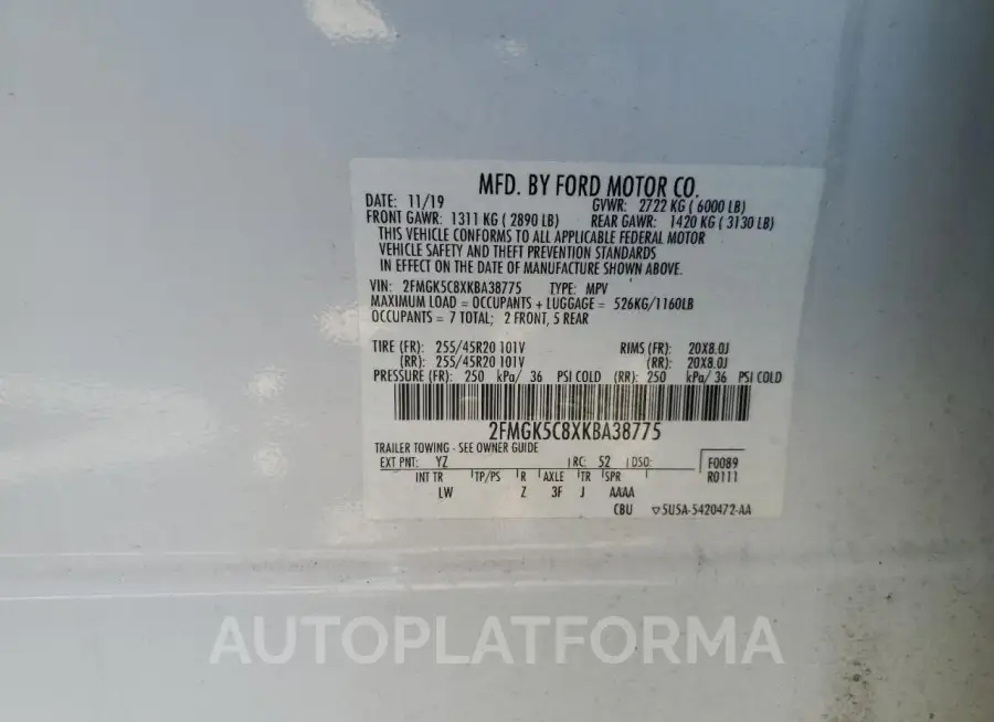 FORD FLEX SEL 2019 vin 2FMGK5C8XKBA38775 from auto auction Copart