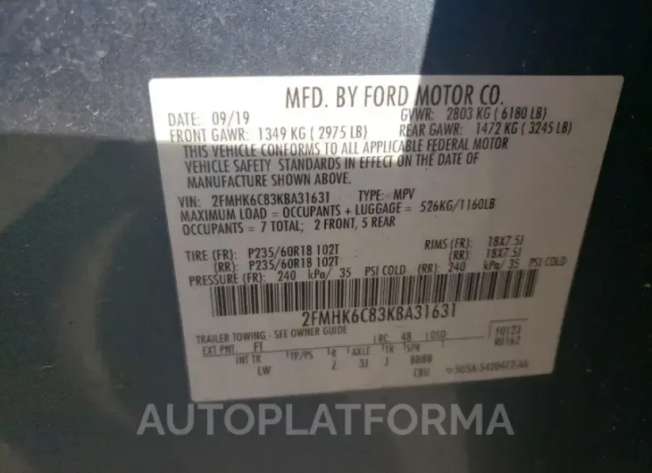 FORD FLEX SEL 2019 vin 2FMHK6C83KBA31631 from auto auction Copart