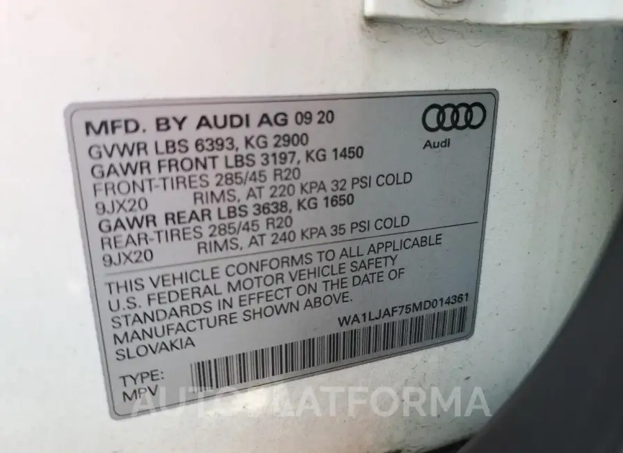 AUDI Q7 PREMIUM 2021 vin WA1LJAF75MD014361 from auto auction Copart