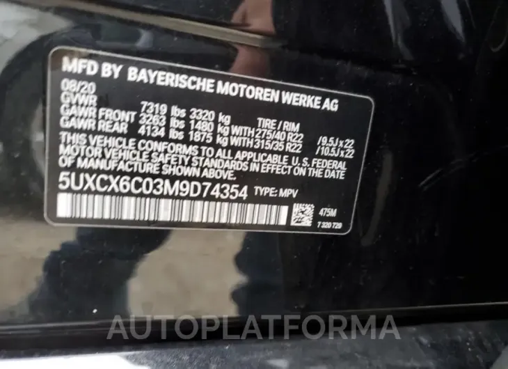 BMW X7 M50I 2021 vin 5UXCX6C03M9D74354 from auto auction Copart