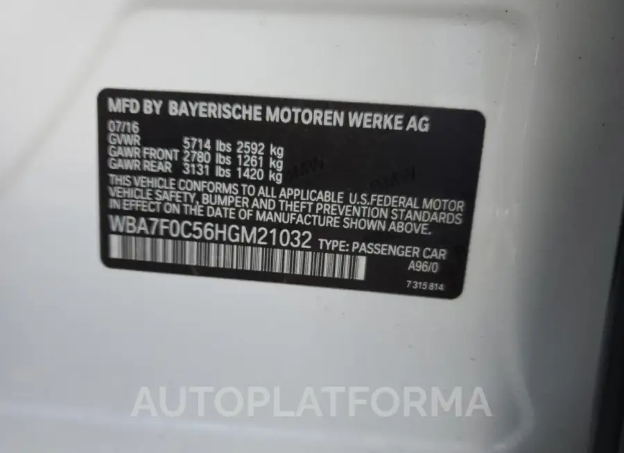 BMW 750 I 2017 vin WBA7F0C56HGM21032 from auto auction Copart