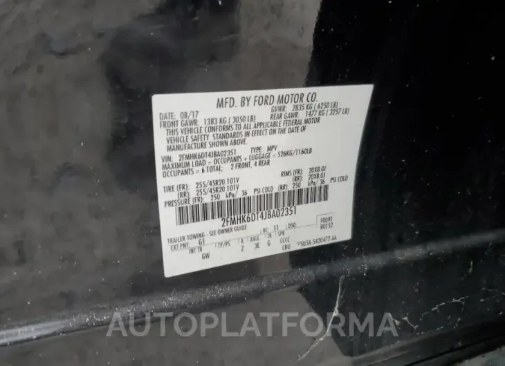 FORD FLEX LIMIT 2018 vin 2FMHK6DT4JBA02351 from auto auction Copart