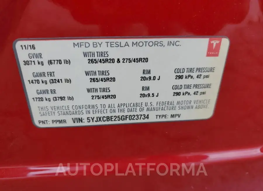 TESLA MODEL X 2016 vin 5YJXCBE25GF023734 from auto auction Copart