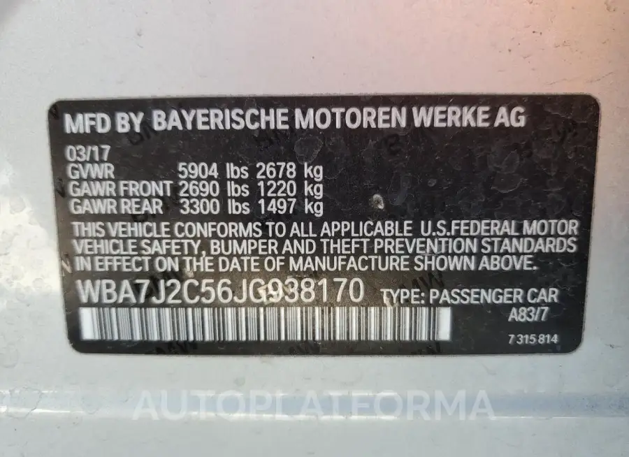 BMW 740 XE 2018 vin WBA7J2C56JG938170 from auto auction Copart