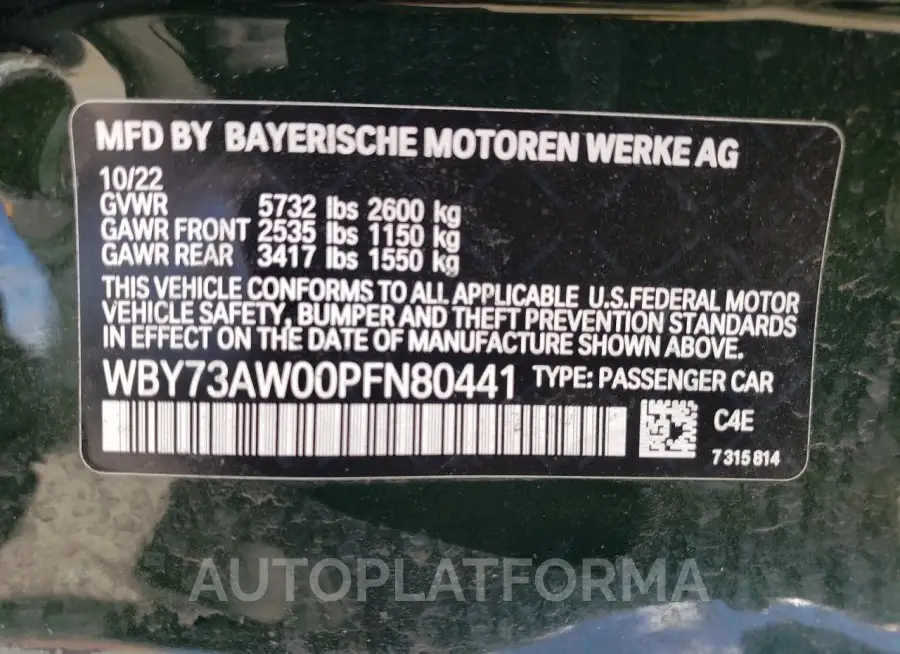 BMW I4 EDRIVE4 2023 vin WBY73AW00PFN80441 from auto auction Copart