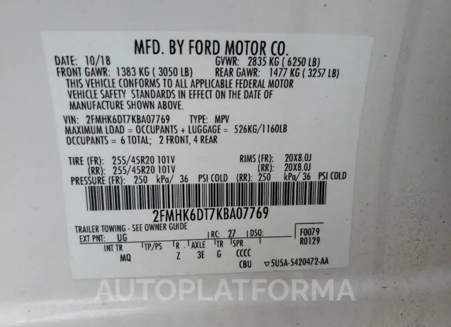 FORD FLEX LIMIT 2019 vin 2FMHK6DT7KBA07769 from auto auction Copart