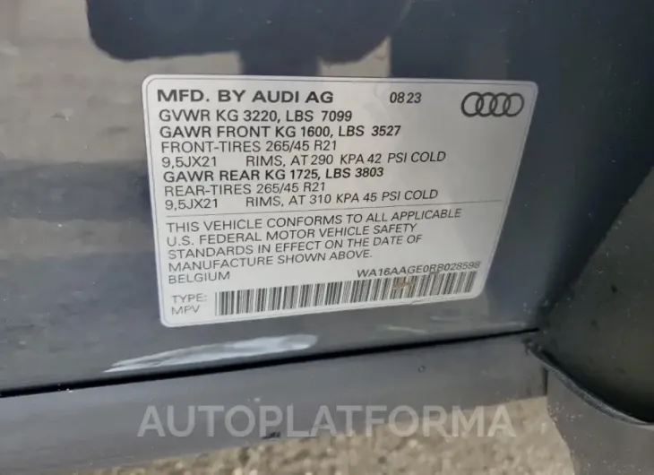 AUDI Q8 E-TRON 2024 vin WA16AAGE0RB028598 from auto auction Copart