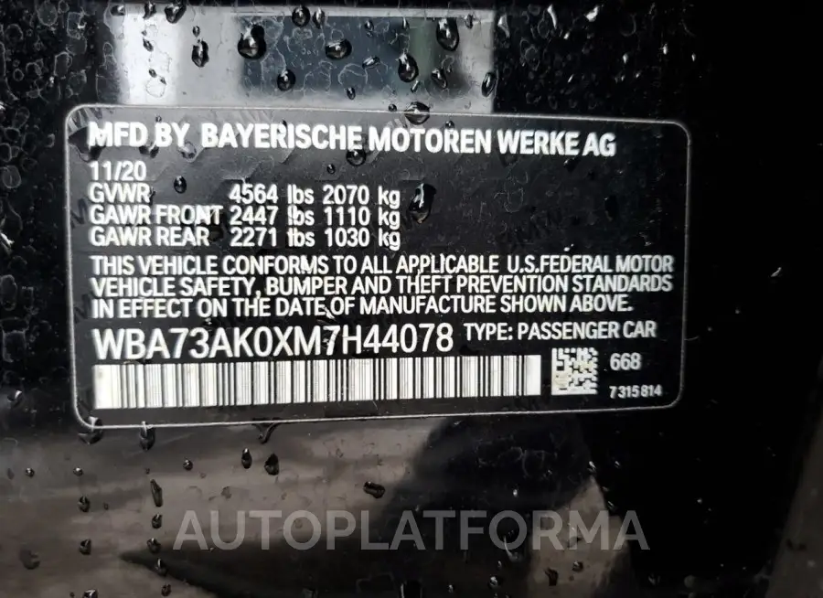 BMW 228XI 2021 vin WBA73AK0XM7H44078 from auto auction Copart