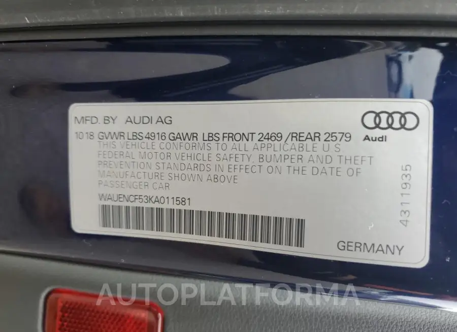 AUDI A5 PREMIUM 2019 vin WAUENCF53KA011581 from auto auction Copart