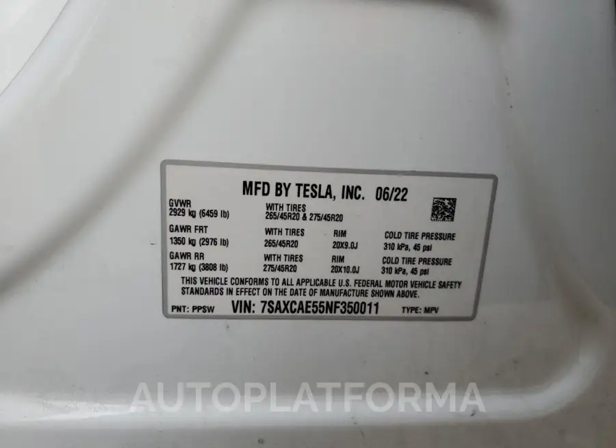 TESLA MODEL X 2022 vin 7SAXCAE55NF350011 from auto auction Copart