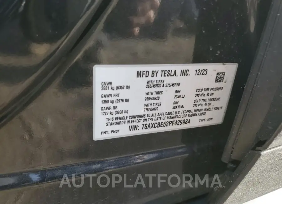 TESLA MODEL X 2023 vin 7SAXCBE52PF429984 from auto auction Copart