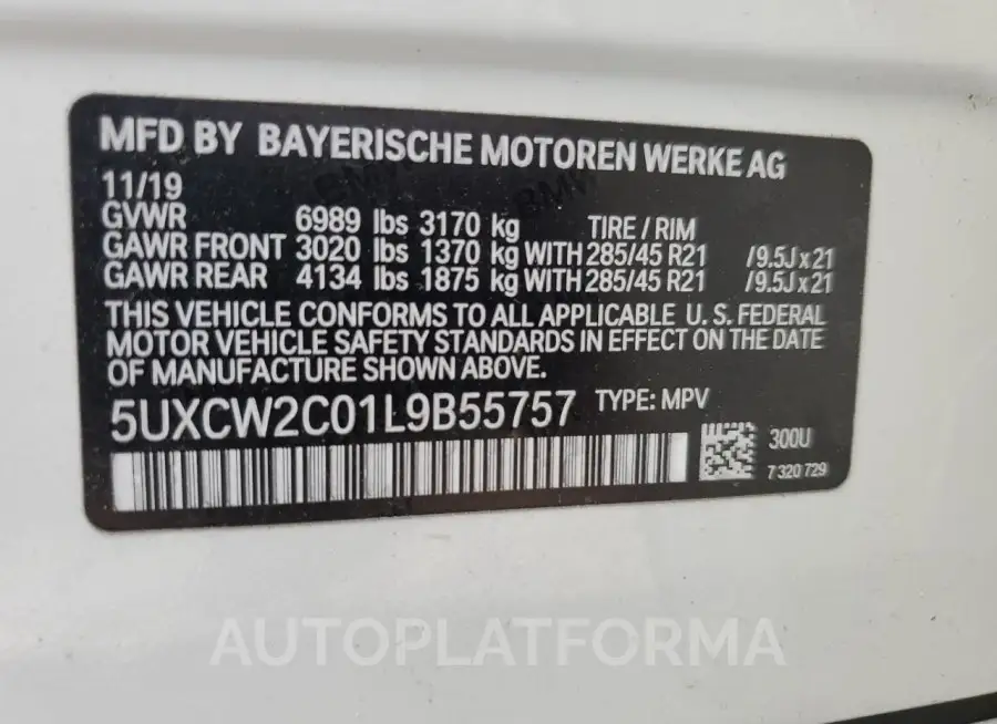 BMW X7 XDRIVE4 2020 vin 5UXCW2C01L9B55757 from auto auction Copart