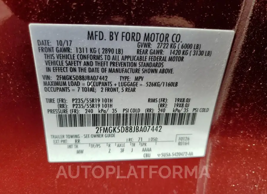 FORD FLEX LIMIT 2018 vin 2FMGK5D88JBA07442 from auto auction Copart