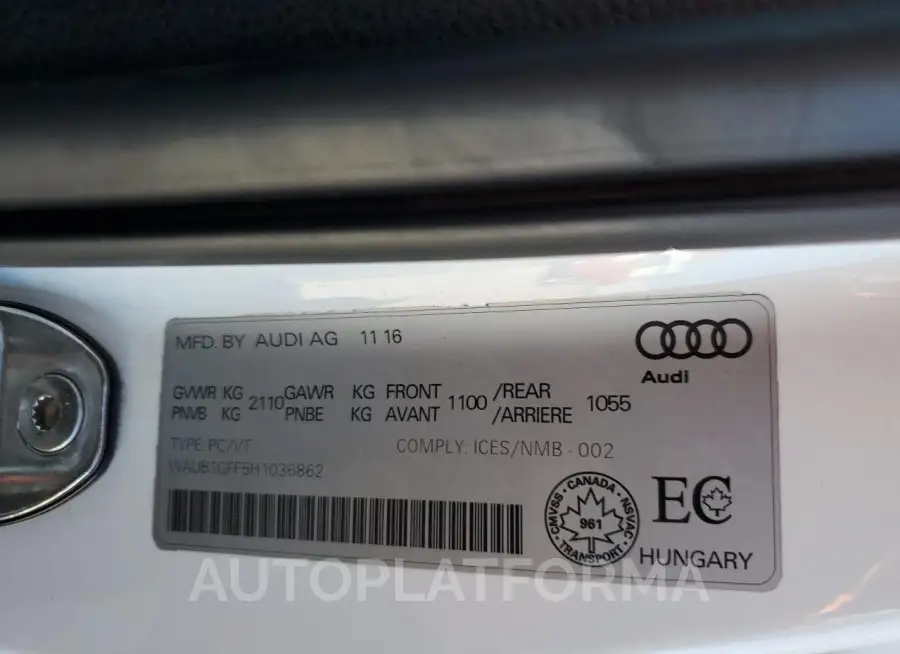 AUDI S3 PREMIUM 2017 vin WAUB1GFF5H1036862 from auto auction Copart