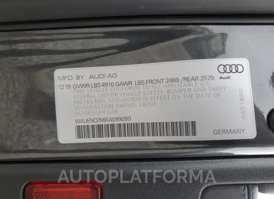 AUDI A5 PREMIUM 2019 vin WAUENCF56KA099090 from auto auction Copart