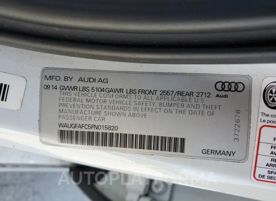 AUDI A6 PREMIUM 2015 vin WAUGFAFC5FN015820 from auto auction Copart