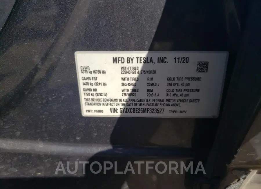 TESLA MODEL X 2021 vin 5YJXCBE25MF323527 from auto auction Copart