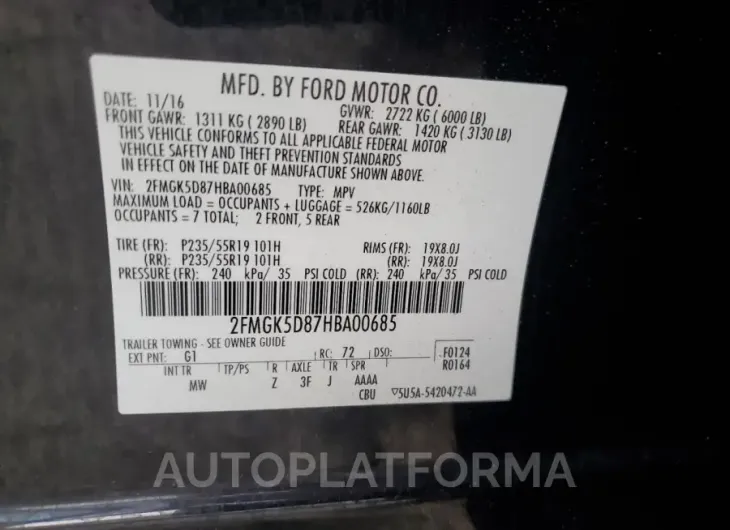 FORD FLEX LIMIT 2017 vin 2FMGK5D87HBA00685 from auto auction Copart