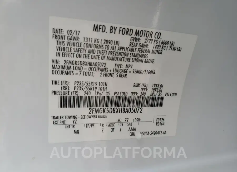 FORD FLEX LIMIT 2017 vin 2FMGK5D8XHBA05072 from auto auction Copart