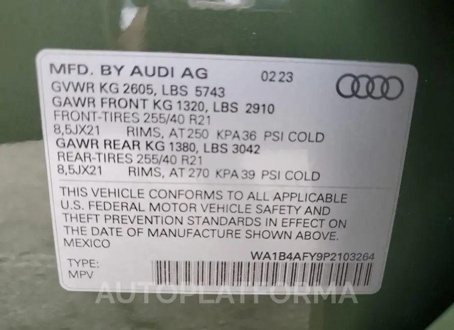 AUDI SQ5 PREMIU 2023 vin WA1B4AFY9P2103264 from auto auction Copart