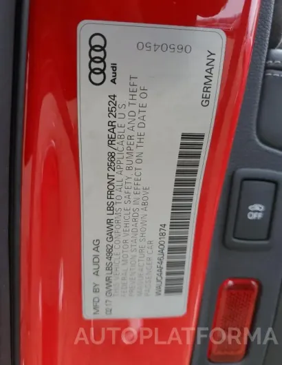 AUDI S4 PRESTIG 2018 vin WAUC4AF46JA001874 from auto auction Copart