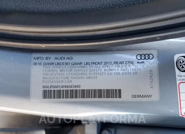 AUDI A6 PREMIUM 2017 vin WAUF8AFC4HN043469 from auto auction Copart