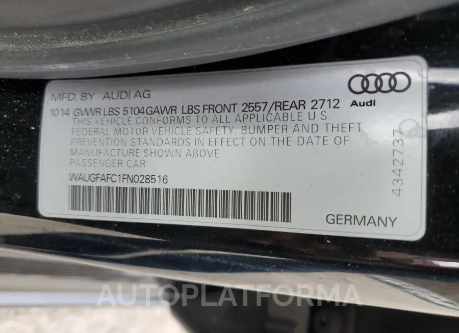 AUDI A6 PREMIUM 2015 vin WAUGFAFC1FN028516 from auto auction Copart