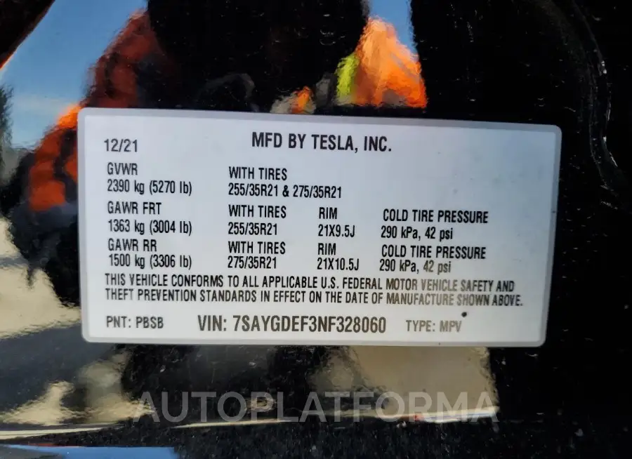 TESLA MODEL Y 2022 vin 7SAYGDEF3NF328060 from auto auction Copart