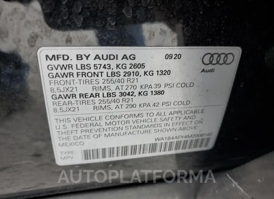 AUDI SQ5 PREMIU 2021 vin WA1B4AFY4M2008140 from auto auction Copart