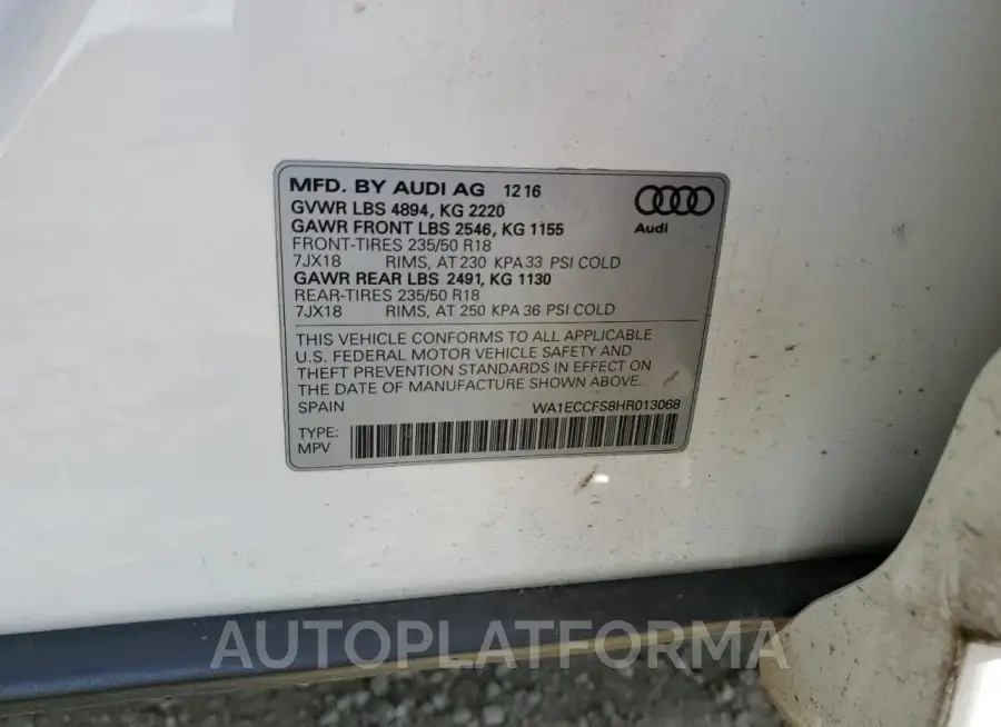 AUDI Q3 PREMIUM 2017 vin WA1ECCFS8HR013068 from auto auction Copart