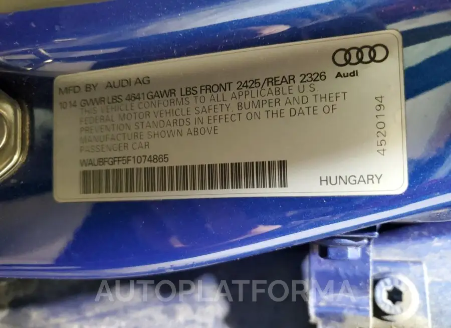 AUDI S3 PREMIUM 2015 vin WAUBFGFF5F1074865 from auto auction Copart