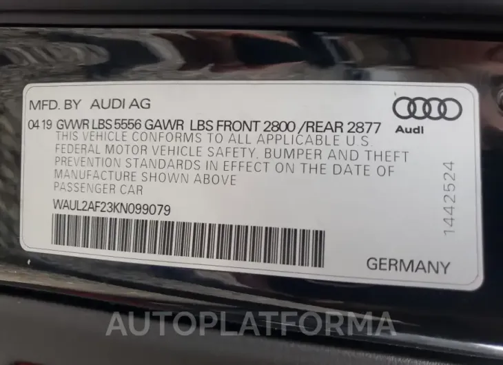 AUDI A6 PREMIUM 2019 vin WAUL2AF23KN099079 from auto auction Copart