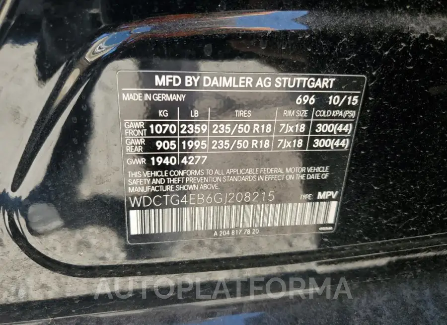 MERCEDES-BENZ GLA 250 2016 vin WDCTG4EB6GJ208215 from auto auction Copart