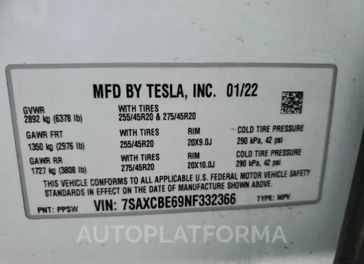 TESLA MODEL X 2022 vin 7SAXCBE69NF332366 from auto auction Copart