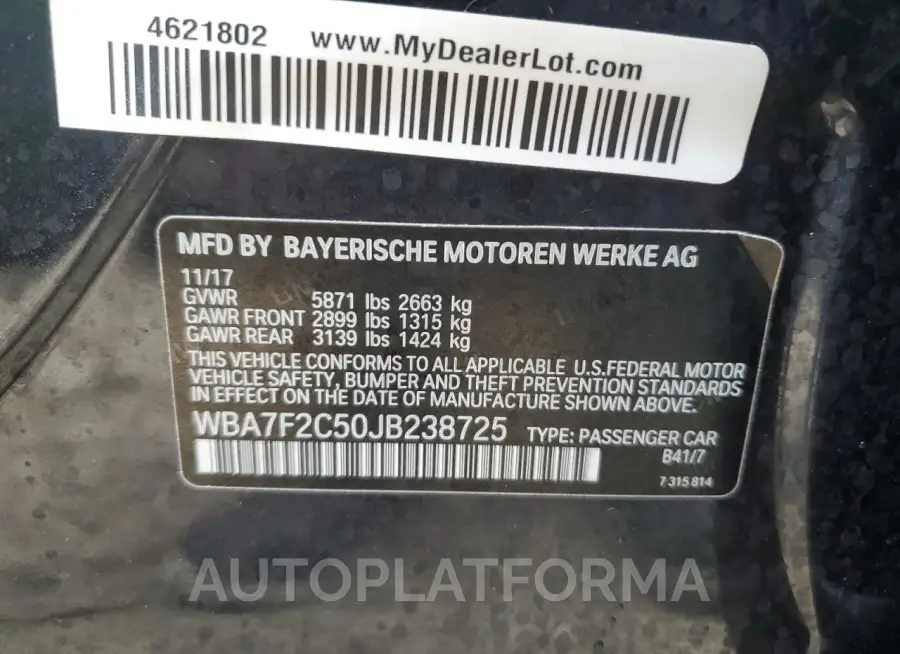 BMW 750 XI 2018 vin WBA7F2C50JB238725 from auto auction Copart