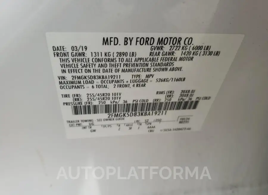 FORD FLEX LIMIT 2019 vin 2FMGK5D83KBA19211 from auto auction Copart