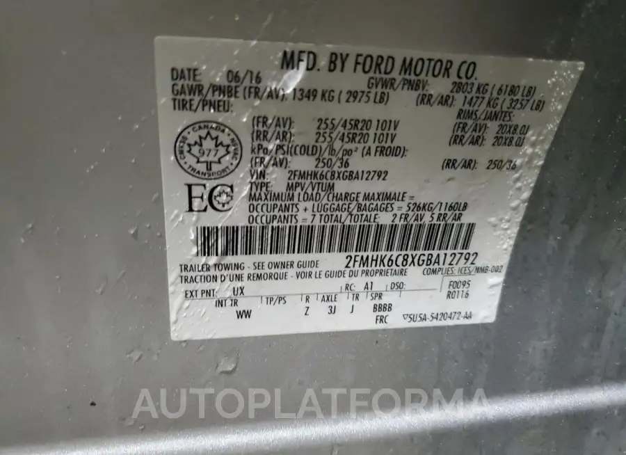 FORD FLEX SEL 2016 vin 2FMHK6C8XGBA12792 from auto auction Copart