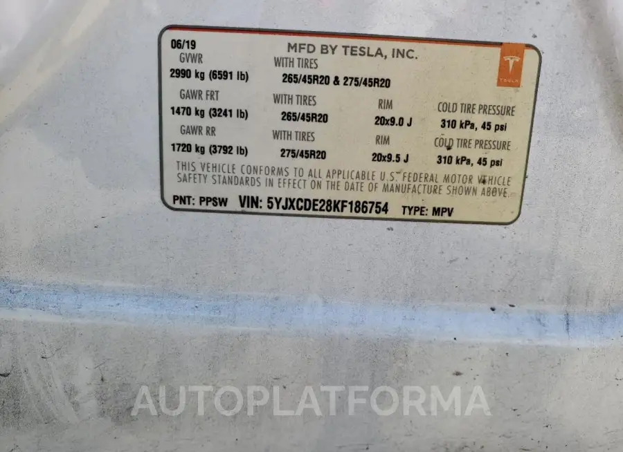 TESLA MODEL X 2019 vin 5YJXCDE28KF186754 from auto auction Copart