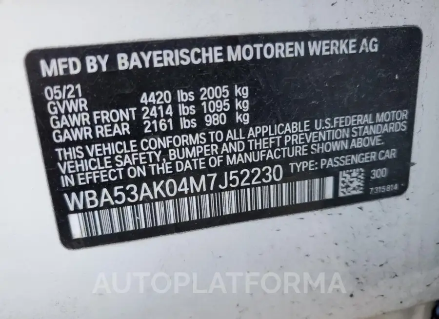 BMW 228I 2021 vin WBA53AK04M7J52230 from auto auction Copart